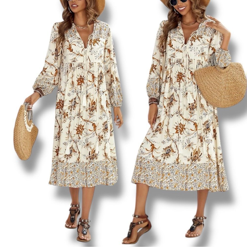 Bohemian Floral Long Sleeve Midi Dress - Cream/Brown